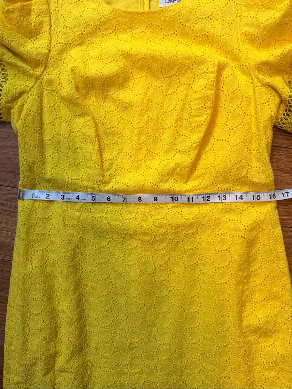 Calvin Klein Yellow Eyelet Puff Sleeve Midi Dress